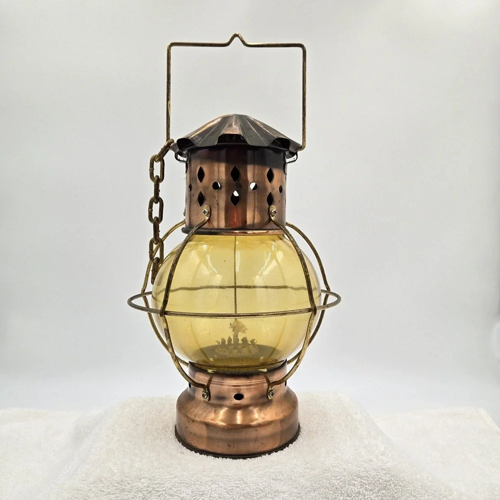 Vintage Copper Hanging Kerosene Oil Lamp Orange Amber Glass Globe Sea World